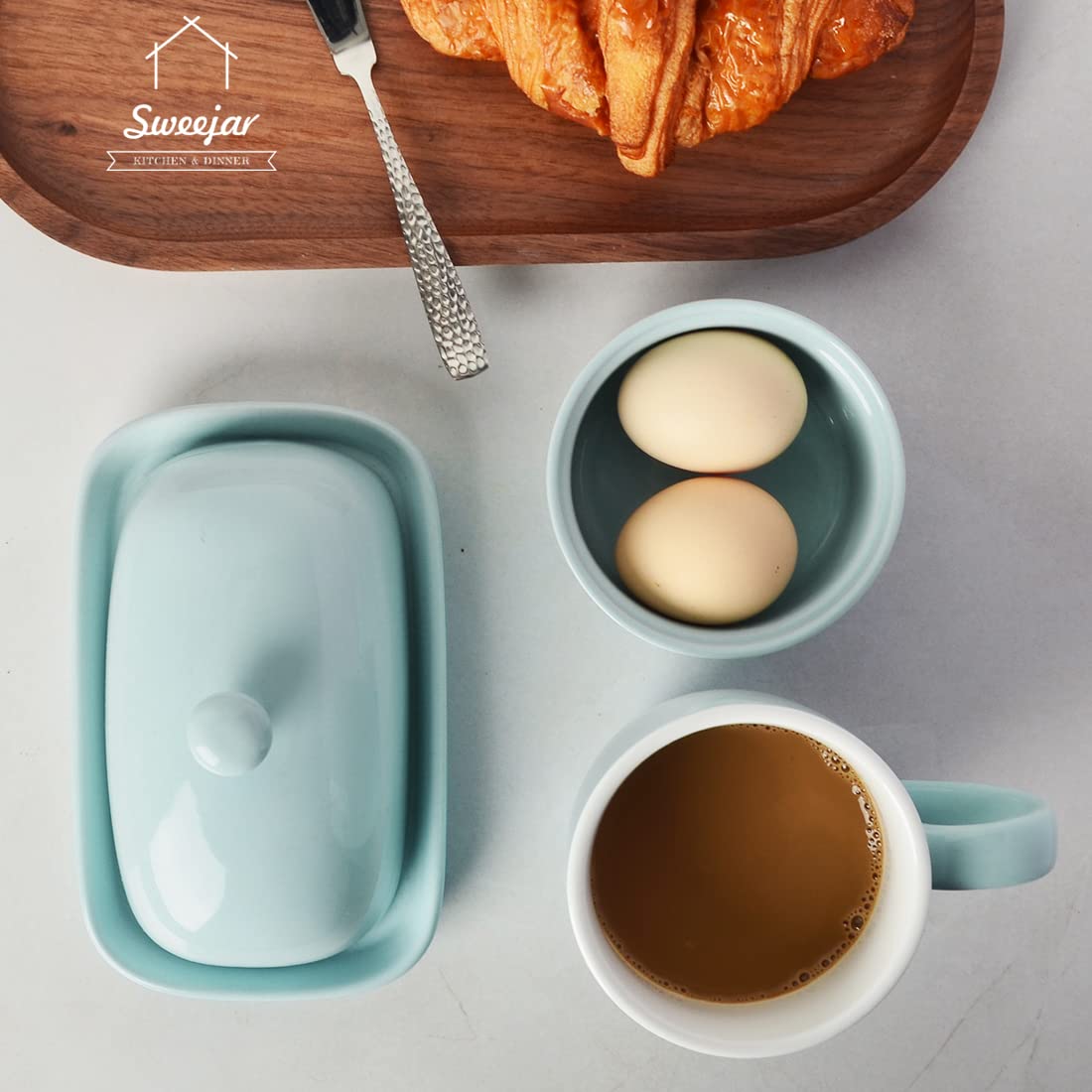 Sweejar Ceramic Butter Dish with Lid, Butter Keeper Container, East/West Coast Butter, 7 inches Butter Storage for Countertop (Turquoise)