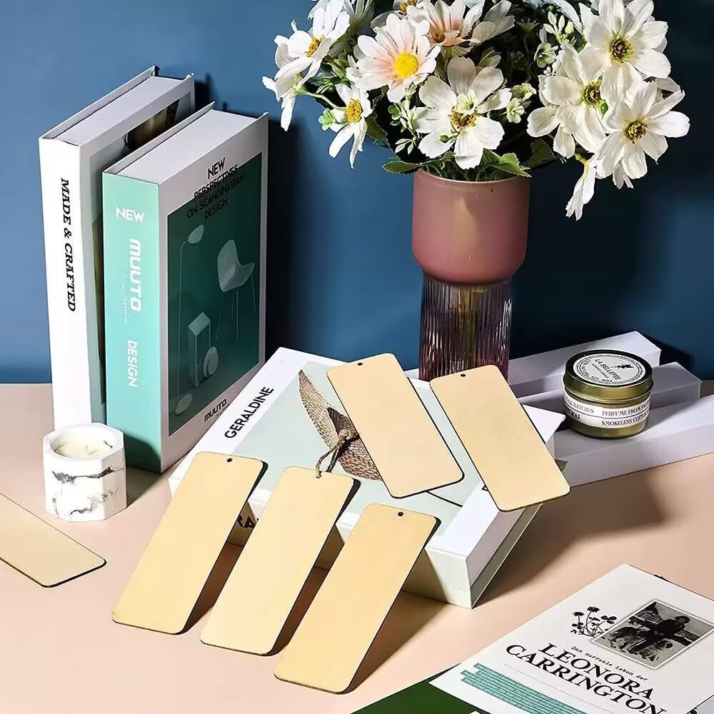 Bicuces 200 Pcs Bookmarks Wooden Bookmarks Blank Book Marks Bookmark Making Kit 100 Pcs Blank Unfinished Wood Book Marks and 100 Pcs Tassels, Wood Gift Tags for Reading, Christmas, Wedding, Birthday