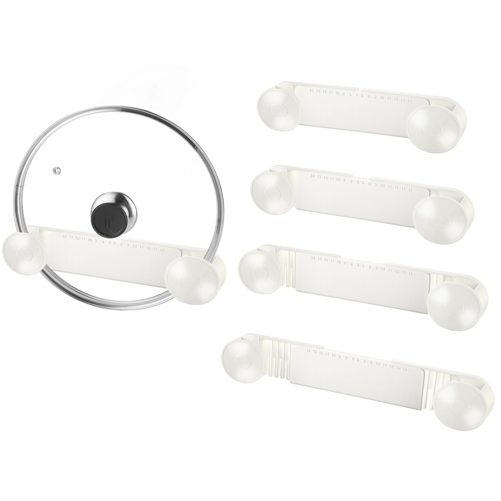 YONGJIA New Upgrade 4 Pack Adjustable Pot Lid Holder, Lid Organizer Fits 6" to 14" Lids, with Screw Hole Position and Sticky Wall Mounted Lid Storage Kitchen Cabinets, Cabinet Doors (WHITE)