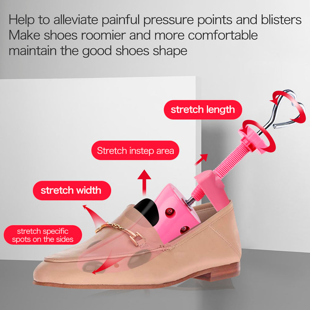 Shoe Stretcher Women, Pair of 4-way Adjustable Shoe Widener Expander to Stretch Length Width Height for Wide Feet, Tough Plastic Shoe Tree Shaper with Bonus 12 Bunion Plugs, Medium