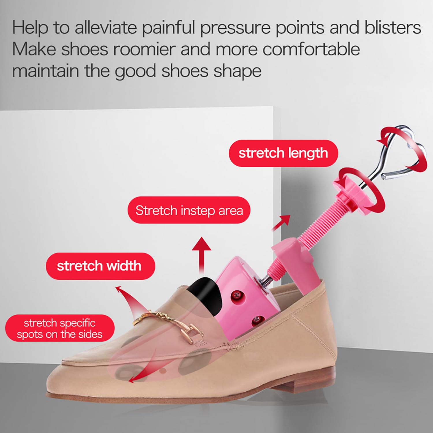 Shoe Stretcher Women, Pair of 4-way Adjustable Shoe Widener Expander to Stretch Length Width Height for Wide Feet, Tough Plastic Shoe Tree Shaper with Bonus 12 Bunion Plugs, Medium