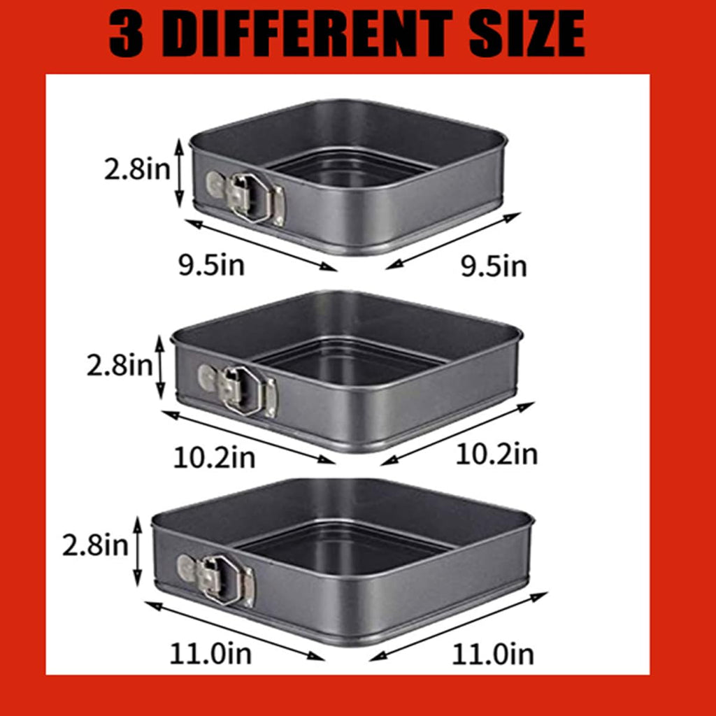 Springform Cake Pan Square 9.5inch,10inch,11inch, Set of 3 Non Stick Leakproof Cake Baking Pans with Removable Bottom, Non Stick Carbon Steel
