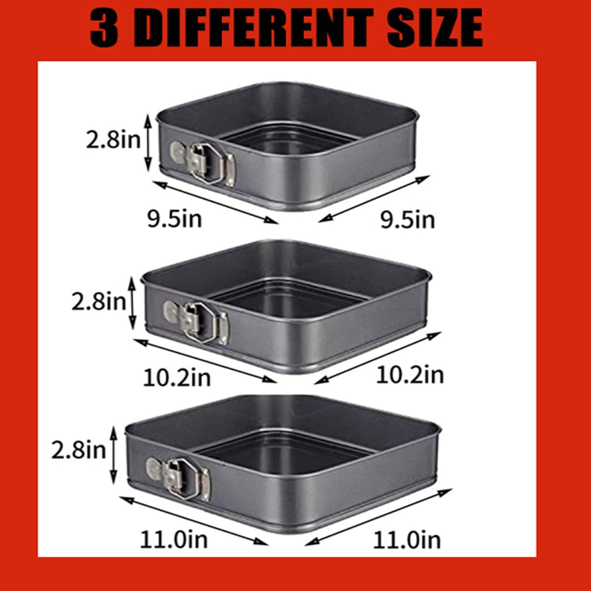 Springform Cake Pan Square 9.5inch,10inch,11inch, Set of 3 Non Stick Leakproof Cake Baking Pans with Removable Bottom, Non Stick Carbon Steel