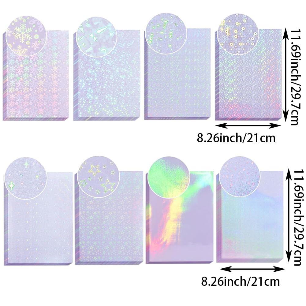 72 Sheets 8.25 x 11.7 Inches Vinyl Holographic Sticker Paper,Clear Overlay Lamination Sticker Paper, 8 Styles Mixed Transparent Holographic Vinyl Sheets, Glitter Laminate Film