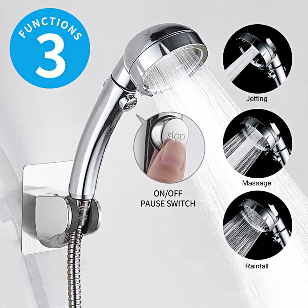 KAIYING Drill-Free High Pressure Handheld Shower Head with ON/Off Pause Switch 3 Spray Modes Water Saving Showerhead, Detachable Puppy Shower Accessories (M:Shower Head (Chrome)+Bracket+Hose)