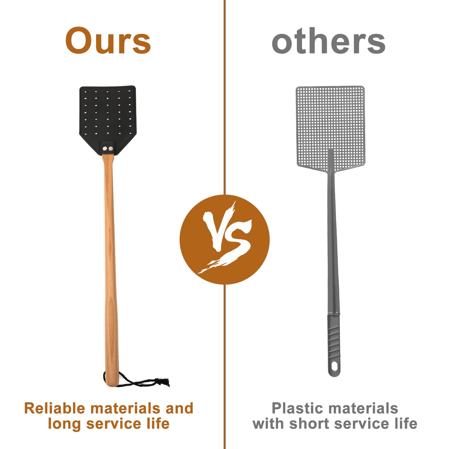 KINBOM 2pcs Leather Fly Swatter, Manual Heavy Duty Flyswatter with Long Wood Handle and Hanging Rope Durable Fly Swatter Catcher Wasp Swatter for Indoor Outdoor Home Fly