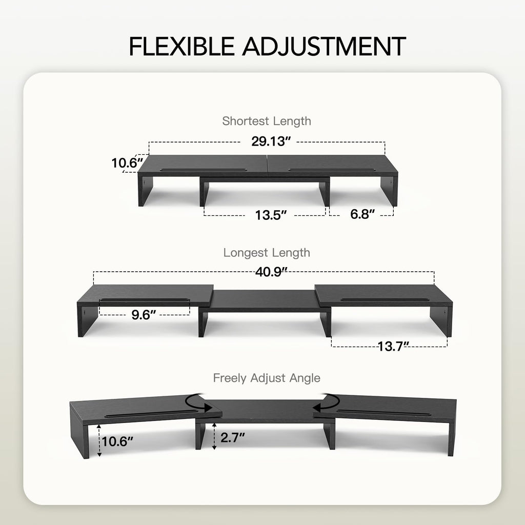 AMERIERGO Dual Monitor Stand -Adjustable Length and Angle, Dual Monitor Riser, Computer Monitor Stand w/2 Slot, Desktop Organizer, Monitor Stand Riser for PC, Computer, Laptop (Black)