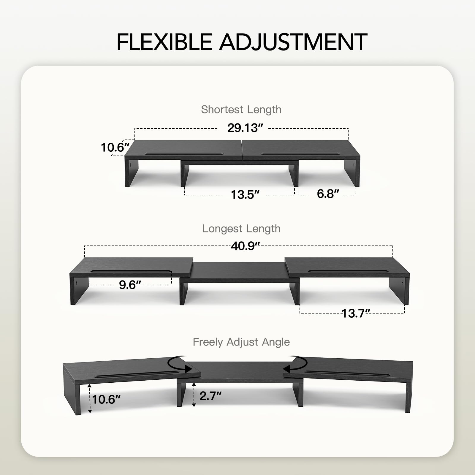 AMERIERGO Dual Monitor Stand -Adjustable Length and Angle, Dual Monitor Riser, Computer Monitor Stand w/2 Slot, Desktop Organizer, Monitor Stand Riser for PC, Computer, Laptop (Black)