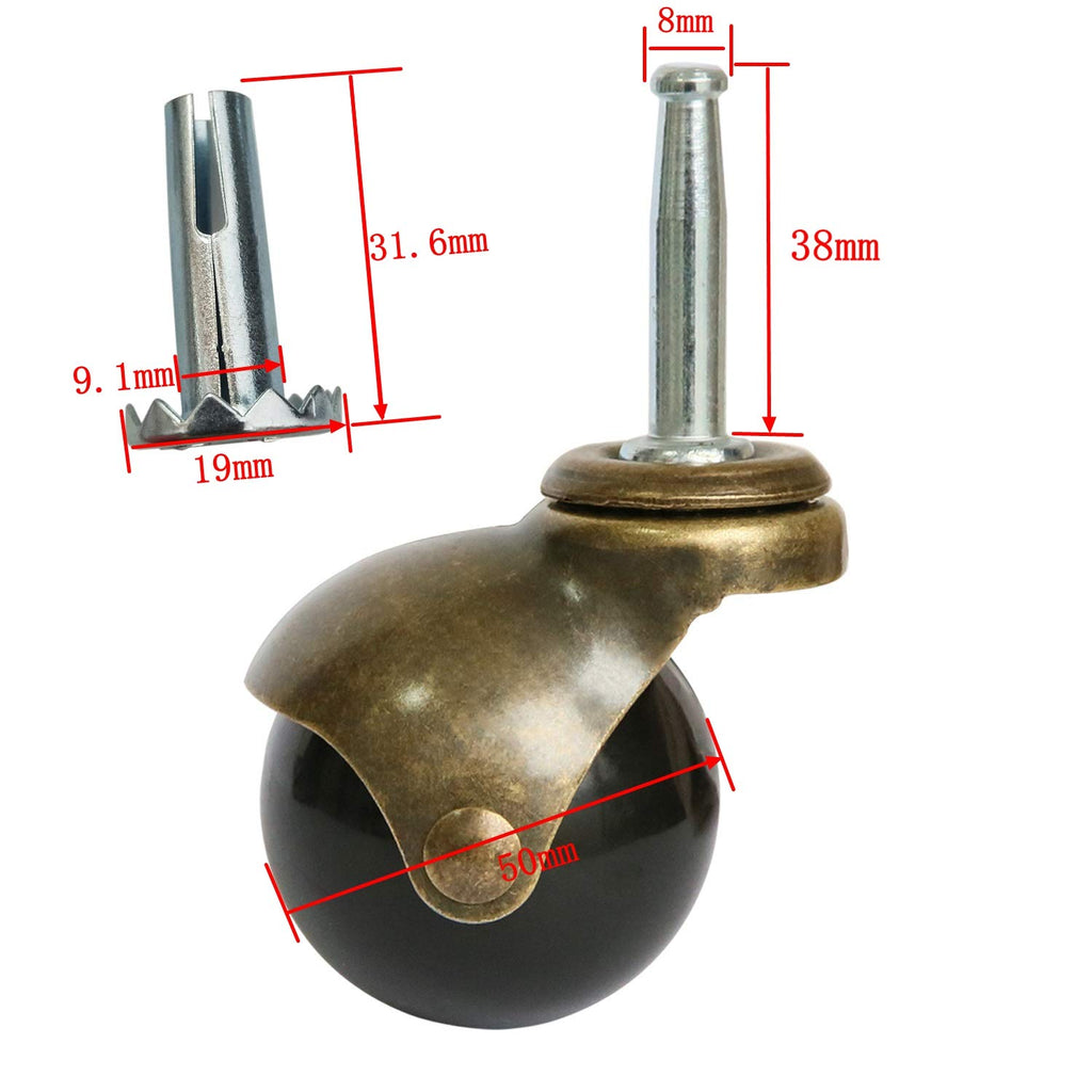 2" Vintage Casters Wheels for Furniture Set of 4, Antique Copper Gold Ball Caster with 5/16" x 1 1/2" (8 x 38mm) Mounting Stem Sleeve Socket Insert Replacement for Sofa Chair Cabinet