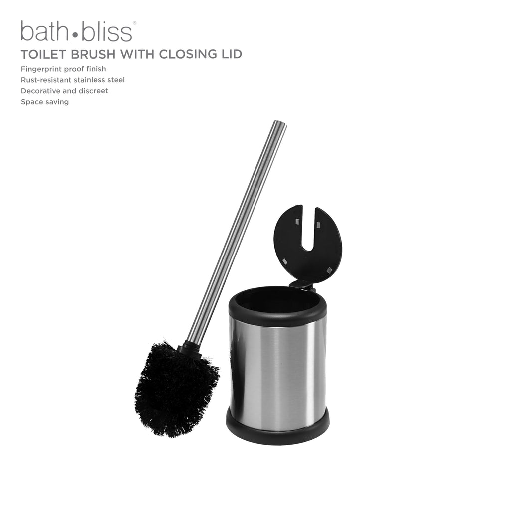 Bath Bliss Toilet Brush and Holder | Self Closing Lid | 360 Degree Brush Head | Bathroom Cleaning | Compact Size | Storage and Organization | Stainless Steel
