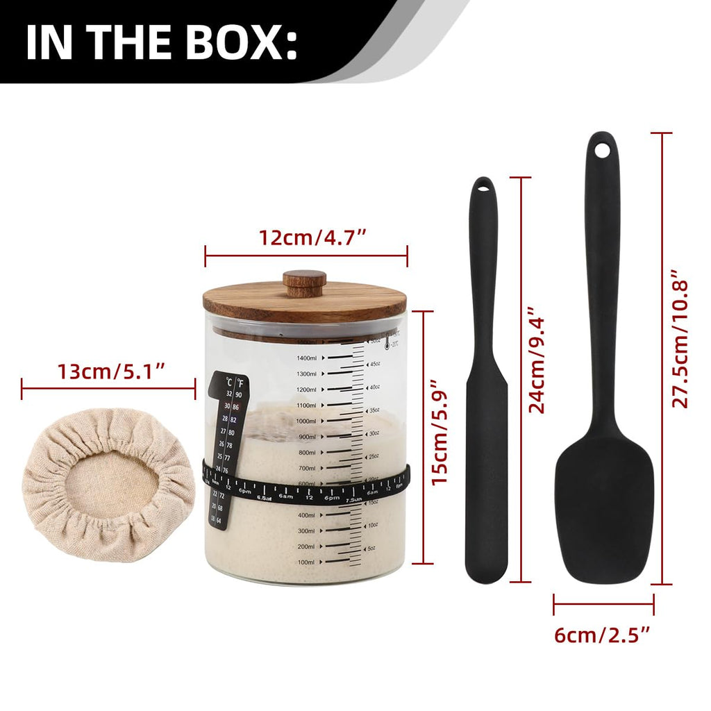 50oz Sourdough Starter Jar Kit with Glass Jar Black Silicone Scraper Feeding Date Marked Band and Thermometer Silicone Spoon Sourdough Bread Baking Supply