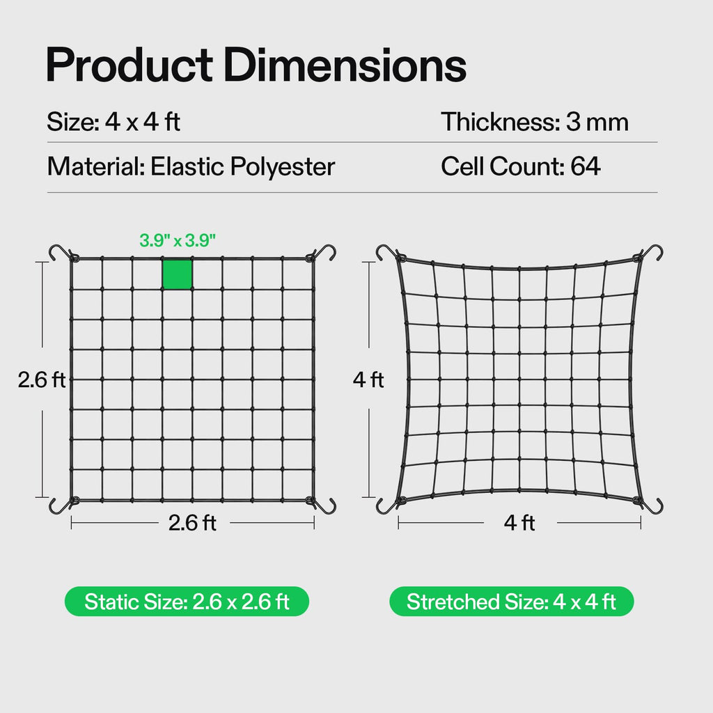 VIVOSUN 4 x 4Ft. Elastic Trellis Netting with 4 Hooks for Climbing Plants, Vegetables, Fruits, and Flowers, 1-Pack