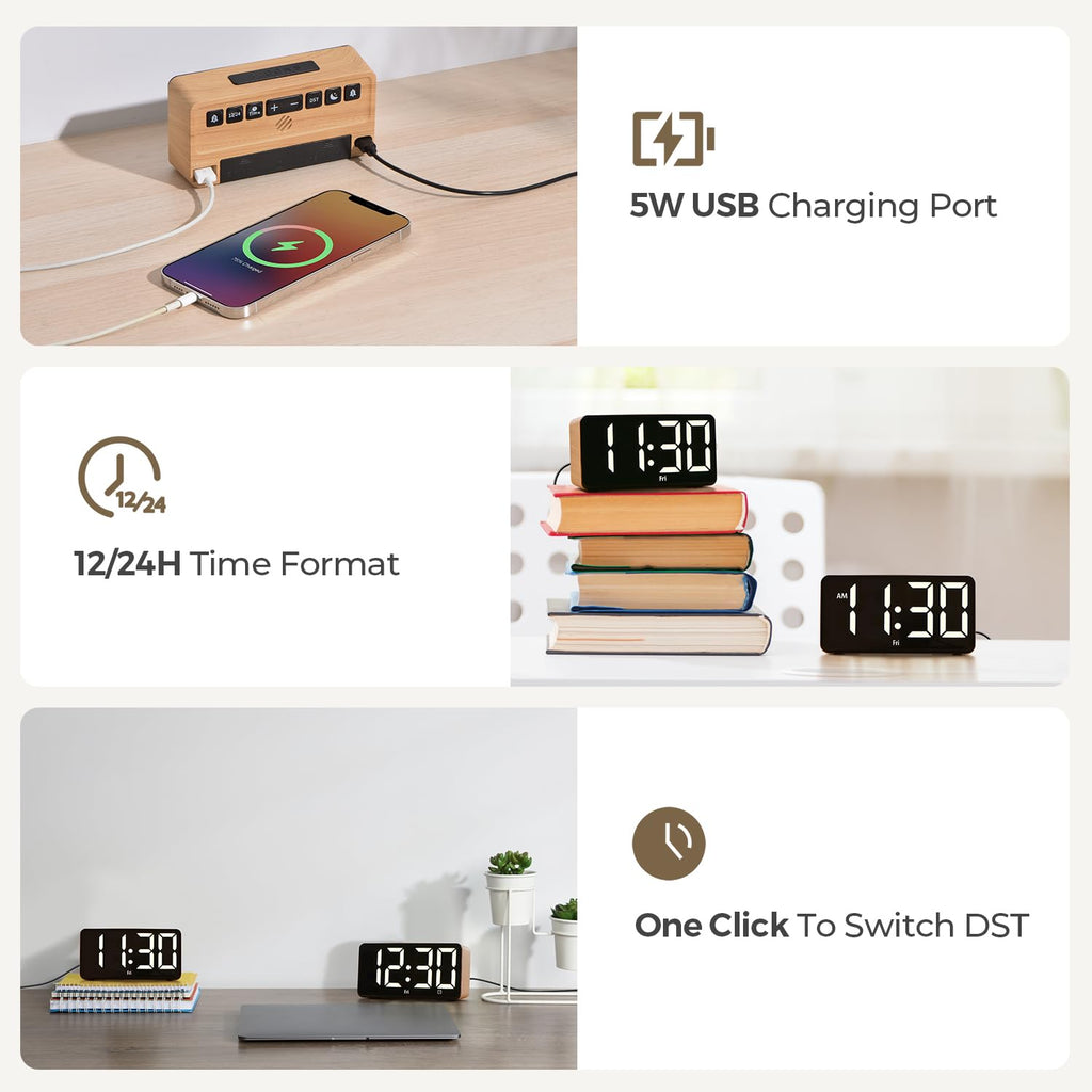 GOLOZA Alarm Clocks for Bedrooms, Wood Grain, Digital Clock with Large Display, Desk Clock for Bedside, Power-Off Memory & Alarm, 5 Level Brightness +Off, Dual Alarm, 12/24H, 9min Snooze, Reveil Matin