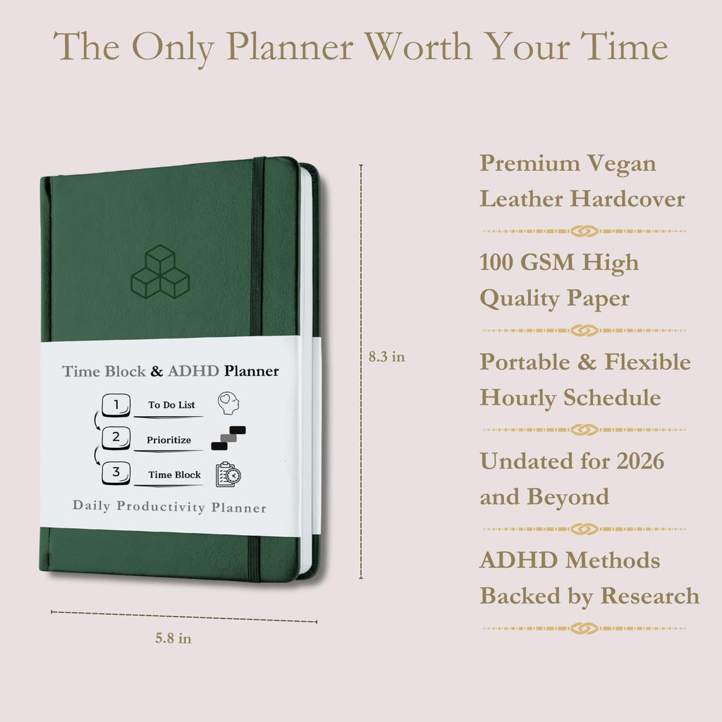 Time Blocking and ADHD Planner by Refine Days. 180 Undated Pages, To Do List, Hourly Schedule, Daily and Monthly Agenda. Time Management & Productivity Notebook. A5 (Green)