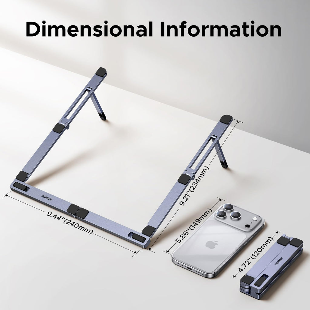 UGREEN Aluminum Laptop Stand for Desk, Foldable Ergonomic Laptop Riser with Anti Slip Silicone Pads, Portable Lap Desk Computer Holder for up to 17.3" Laptops, MacBook