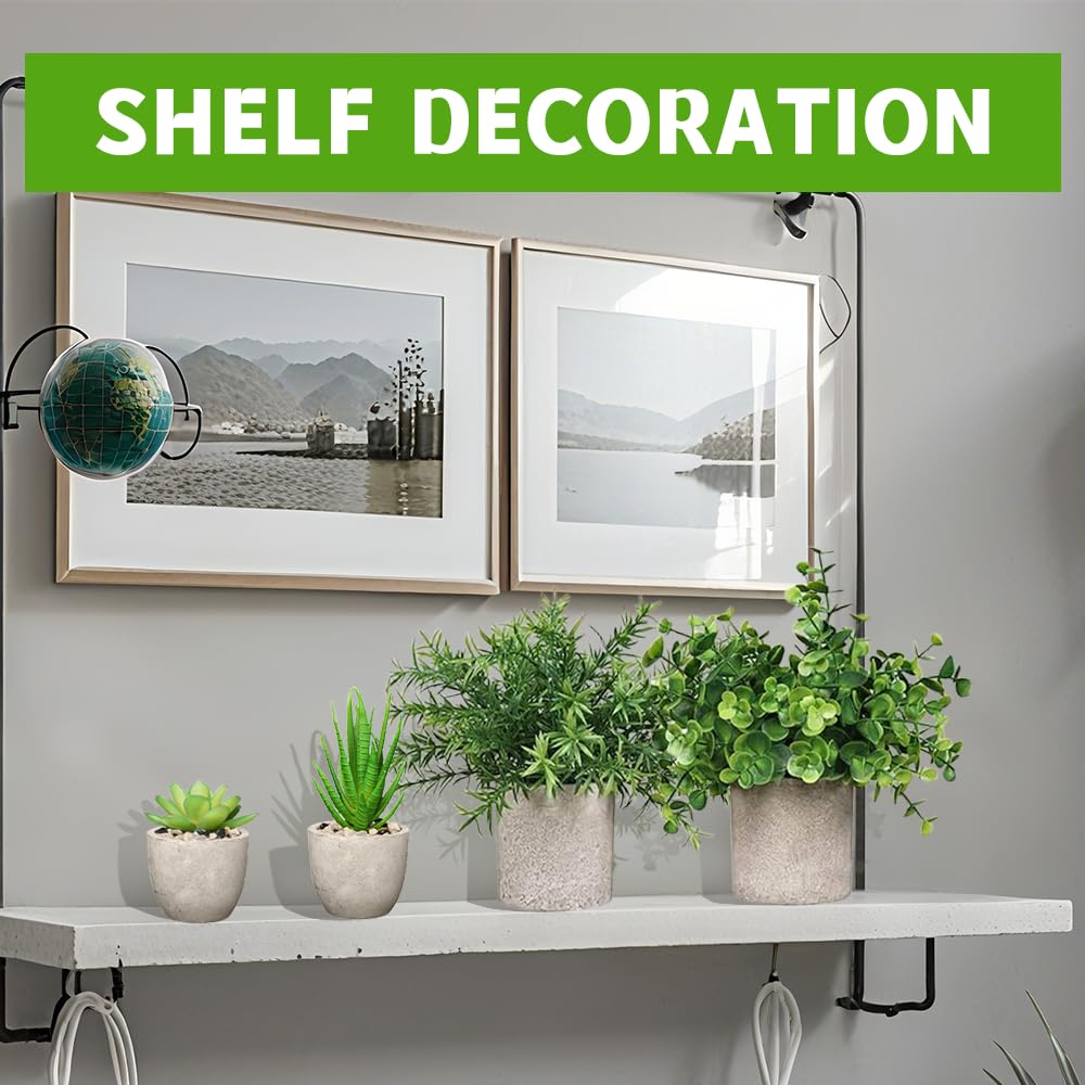 4 Set Artificial Plants Indoors in Pots, Small Plastic Fake Plants, Eucalyptus, Rosemary, Mini Succulents Faux Plant for Office Decor, Desk, Bedroom, Bathroom, Kitchen, Home Decoration in Spring.