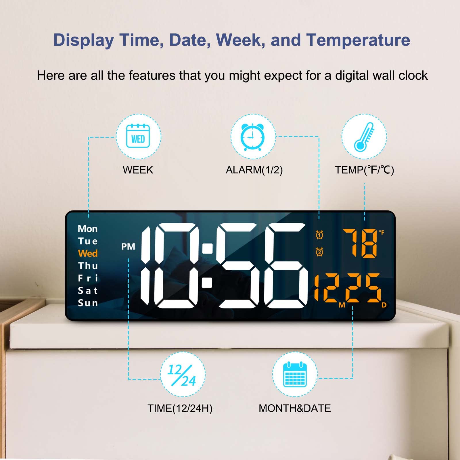 Digital Wall Clock Large Display, 16.2 Inch , LED Digital Clock with Remote Control for Living Room Decor, Automatic Brightness Dimmer with Date Week Temperature (Orange)