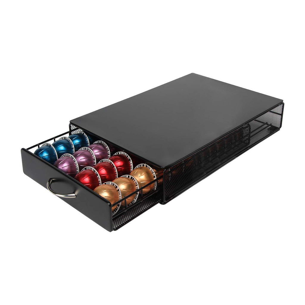FlagShip Vertuo Pod Holder Storage Drawer for Nespresso Vertuo Capsule Organizer Drawer Tray with Mesh Shelves for Nespresso Vertuo Holder Black Metal (40 Pods Capacity)