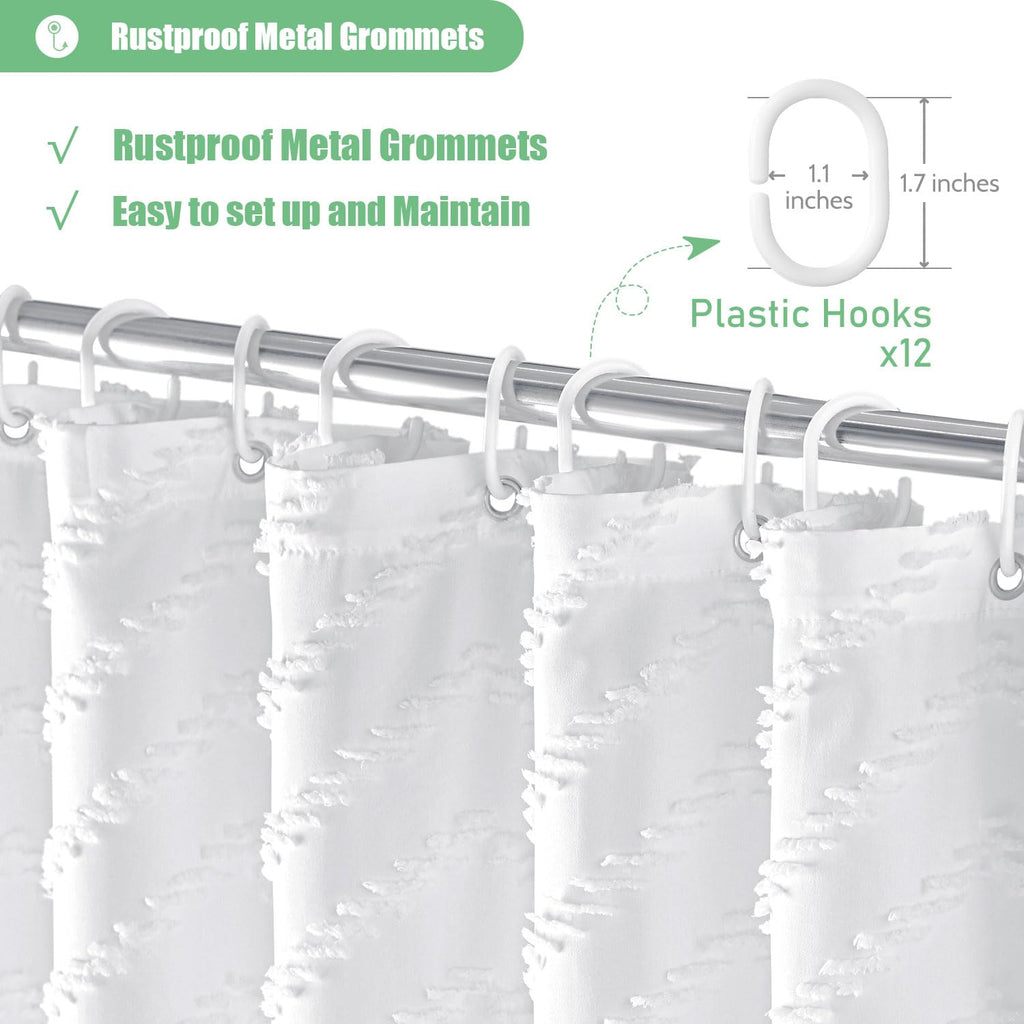 Dynamene Boho Farmhouse Shower Curtain, White Fabric Tufted Chevron Striped Textured Tassel Shower Curtains for Bathroom, Water Repellent, Minimalist Ruffled Cloth Shower Curtain Set with Hook, 72x72