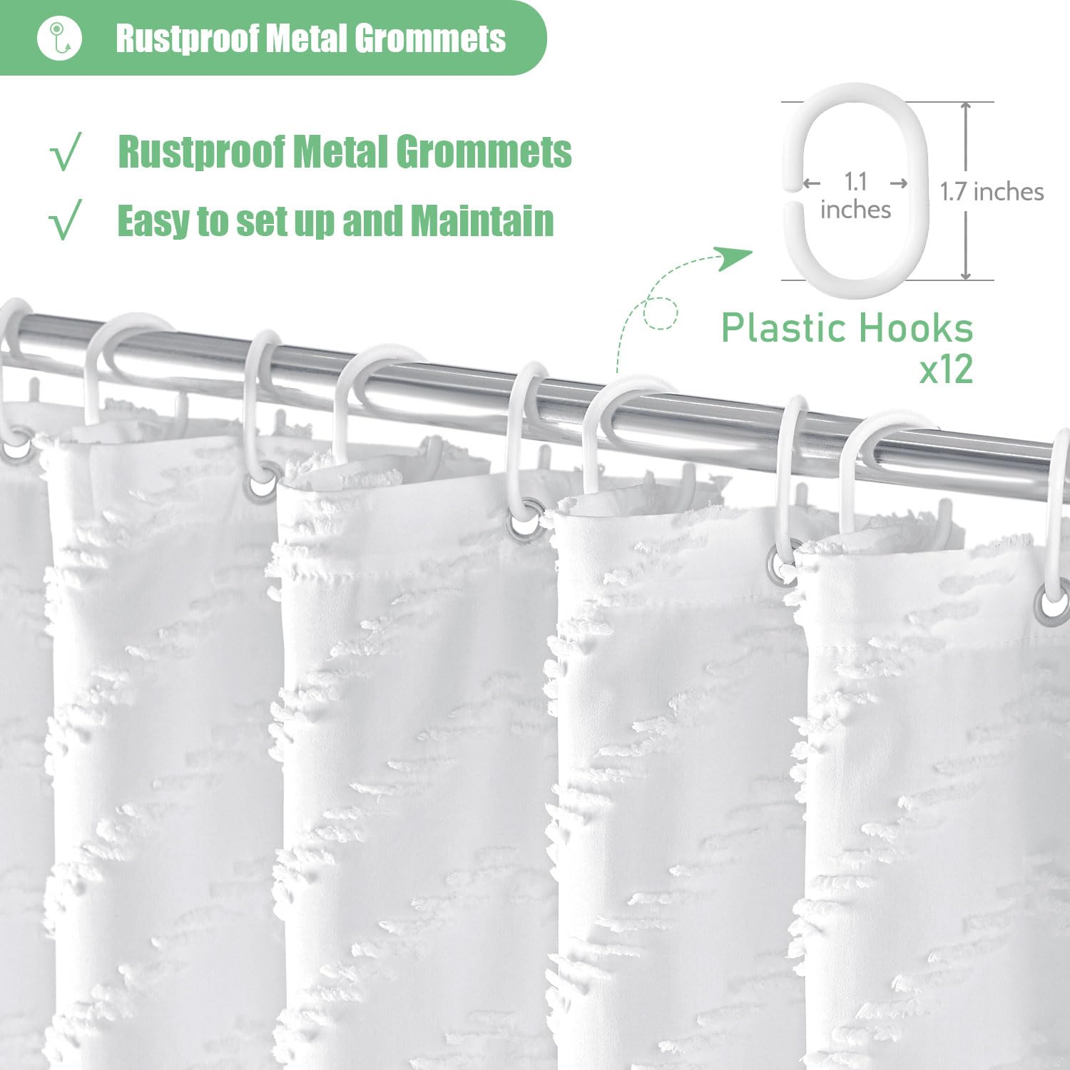 Dynamene Boho Farmhouse Shower Curtain, White Fabric Tufted Chevron Striped Textured Tassel Shower Curtains for Bathroom, Water Repellent, Minimalist Ruffled Cloth Shower Curtain Set with Hook, 72x72
