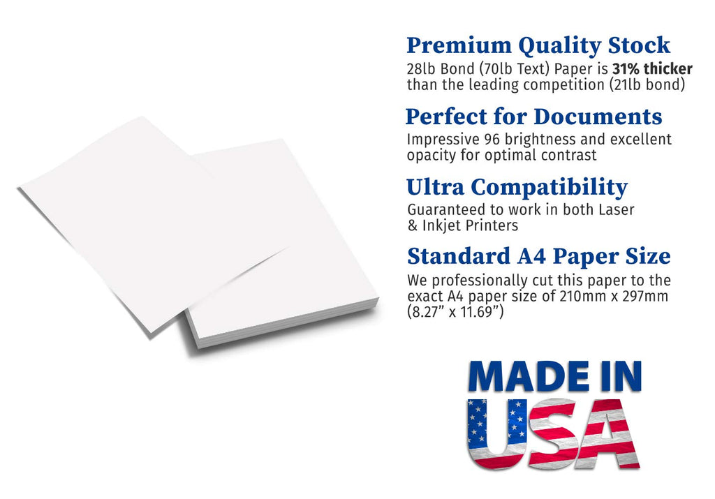 Premium A4 (8.3"x 11.7") Printer Paper - 70lb Text (105 gsm) Bright White Paper (100 Sheets)