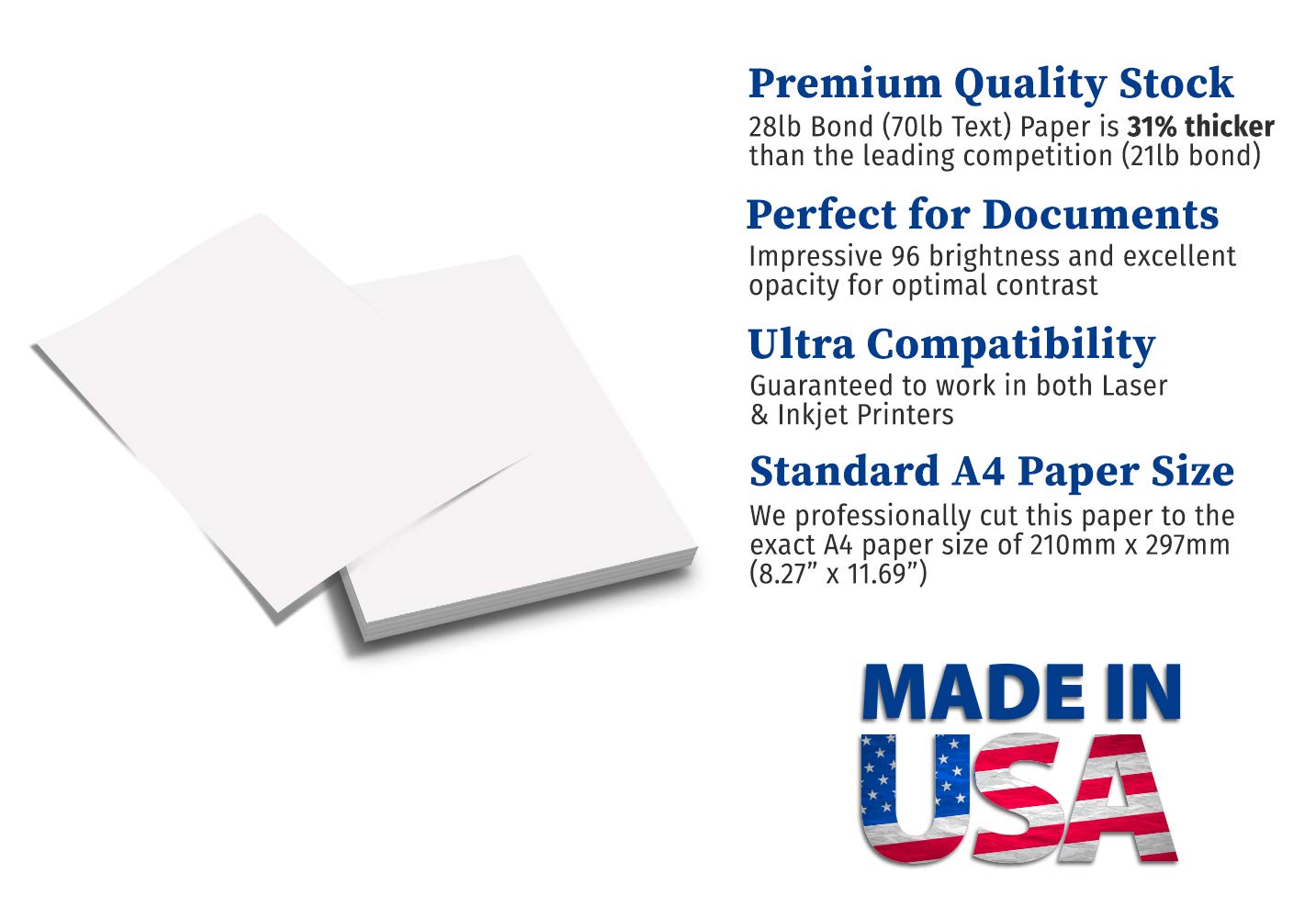Premium A4 (8.3"x 11.7") Printer Paper - 70lb Text (105 gsm) Bright White Paper (100 Sheets)