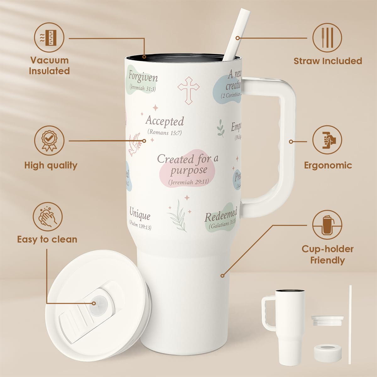 SANDJEST Christian Gift for Women – Inspiration Insulated Stainless Steel Tumbler with Handle and Straw - Religious Gifts for Birthday Christmas, 40oz