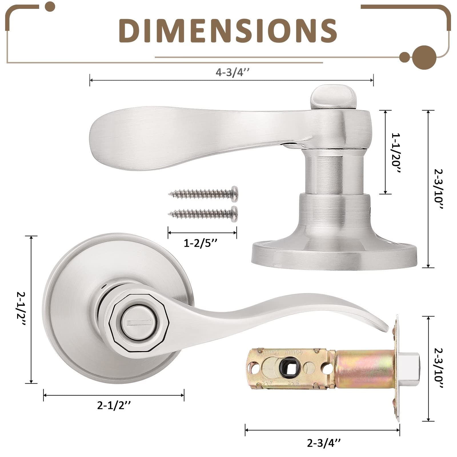 Probrico (1 Pack)Privacy Door Lever[Thumb Turn Lock on The Inside],Locking Door Handle Set for Bedroom & Bathroom Doors,Keyless Satin Nickel Finish Wave Door Lock, Reversible Right & Left Side Handed