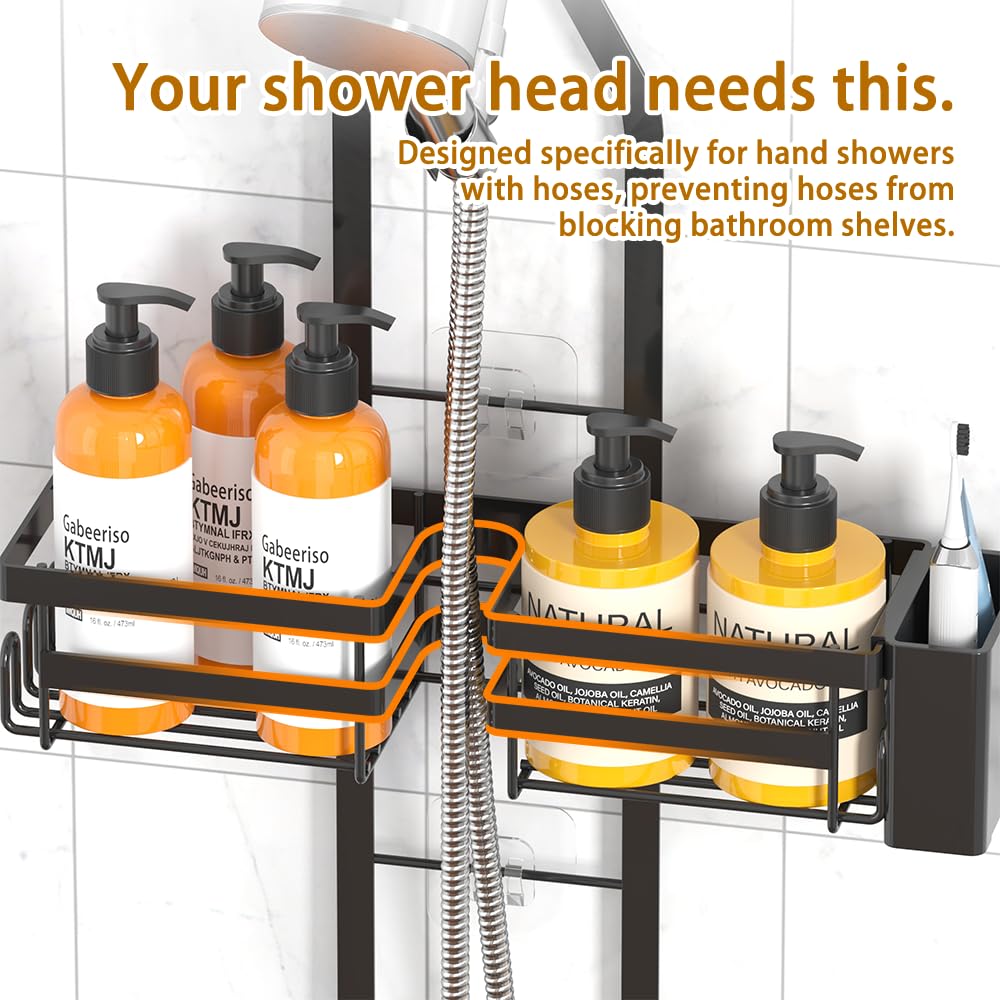 Gabeeriso Shower Caddy Hanging, Bathroom Organizer Black Rustproof 2-Tier Adjustable Height Over Shower Head with Soap/Toothbrush Holder &12 Hooks, No Drilling Shower Storage