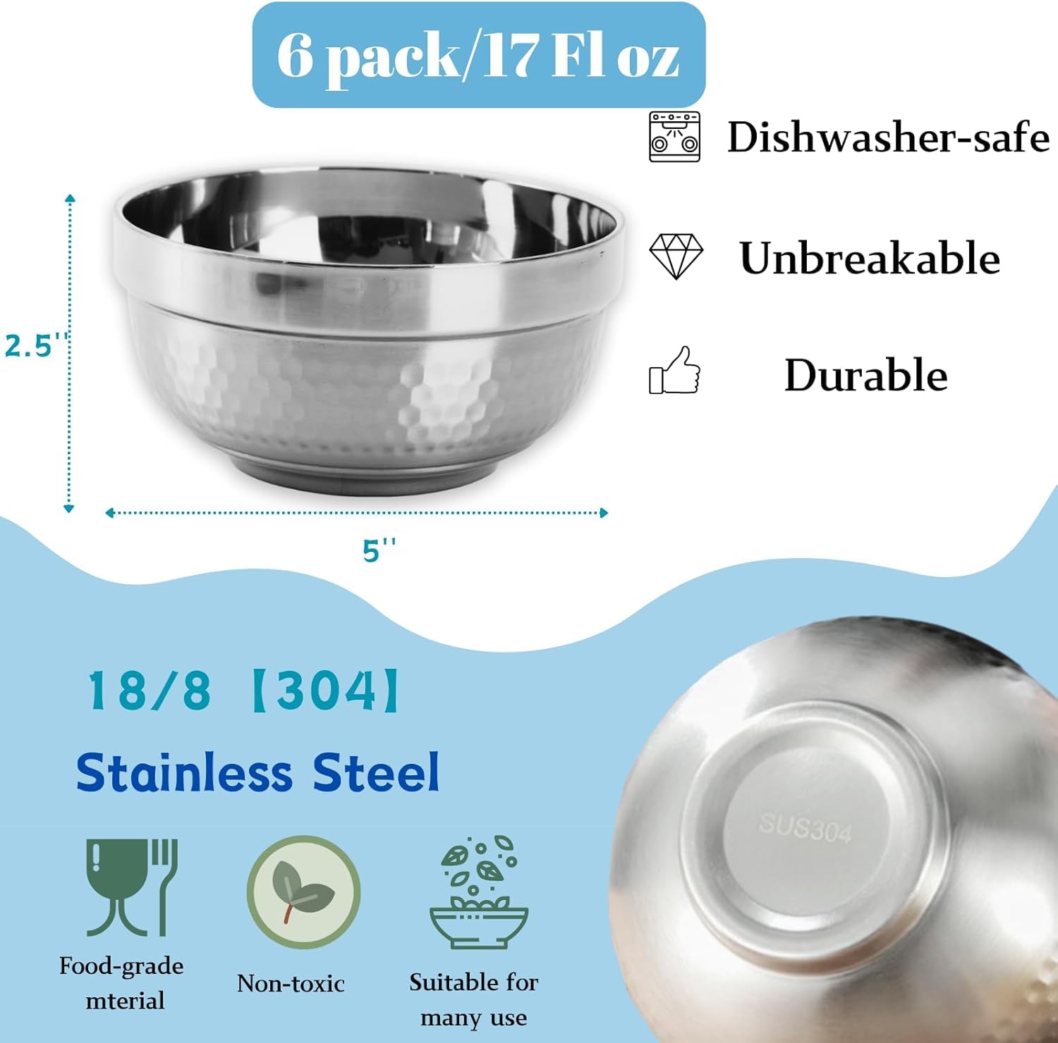 ZENFUN 6 Pack 18/8 Stainless Steel Bowls, 17 Oz Soup Bowl Double-Walled Insulated Bowls, 5 Inch Snack Cereal Bowl for Rice, Fruit, Salad Ice Cream, Food-Grade