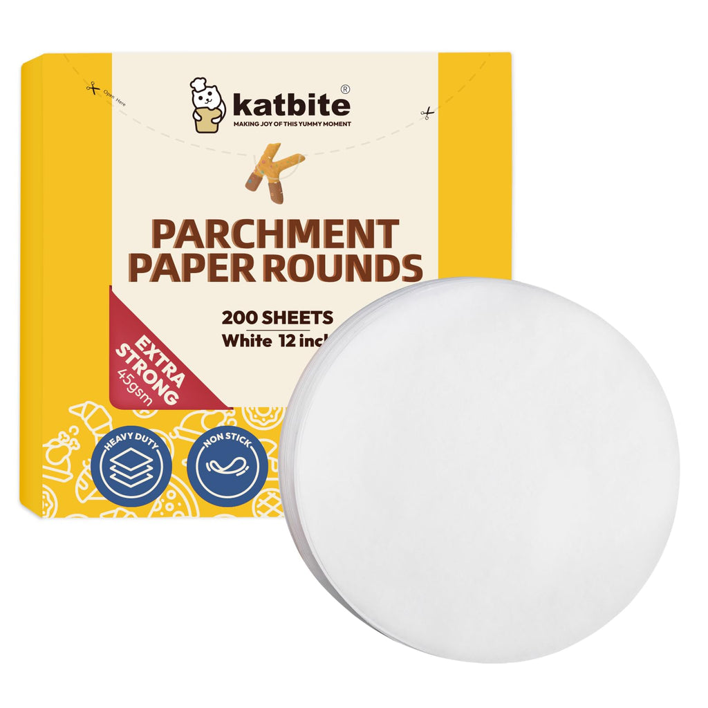 Katbite 12 Inch 200Pcs Parchment Paper Rounds Heavy Duty 45gsm (8 Sizes 4”-12") - Extra Large Baking Sheets - 450°F Heat Resistant - White