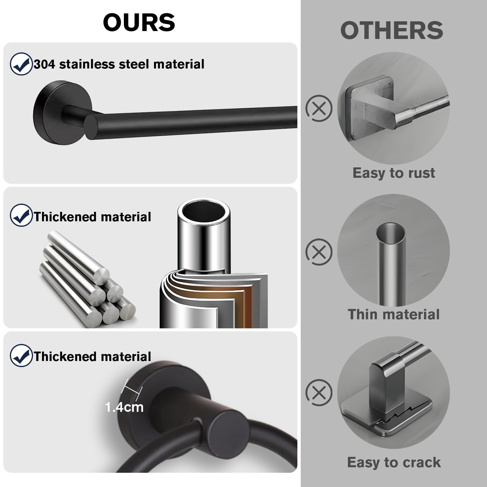 H Hawsam 8pcs Bathroom Accessories Set Black Towel Rack Bathroom Set Include 15.75'' Bathroom Towel Holder,Toilet Paper Holder,Towel Ring,Towel Hooks,SUS304 Stainless Steel Bathroom Hardware Set