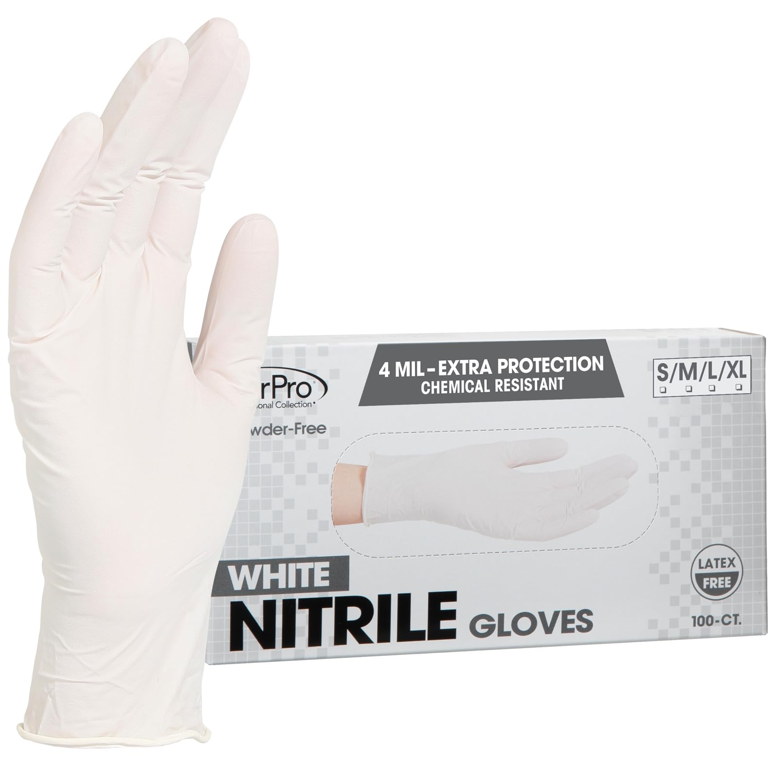 ForPro Professional Collection Disposable Nitrile Gloves, Chemical Resistant, Powder-Free, Latex-Free, Non-Sterile, Food Safe, 4 Mil, White, Small, 100-Count