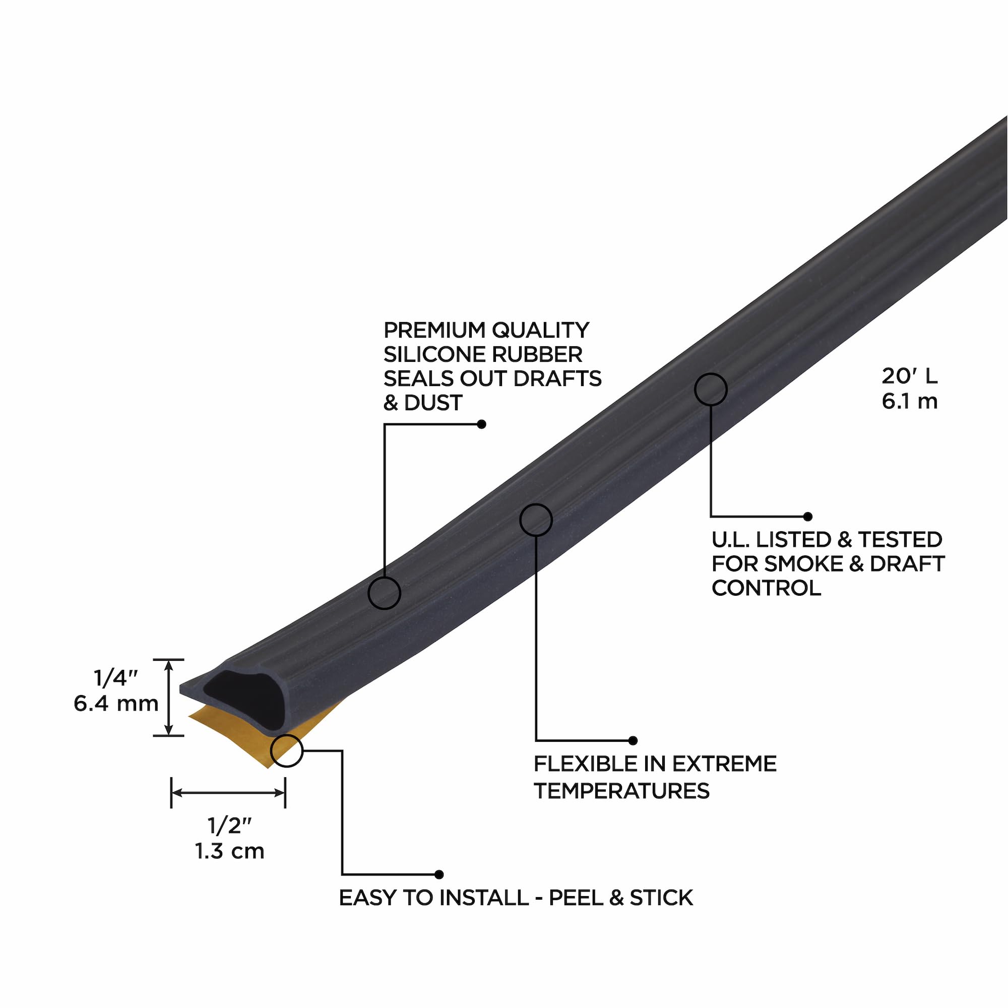 M-D Building Products 68668 Highly Durable Silicone Rubber Gasket Seal for Doors and Windows, Flexible in Extreme Temperatures, Ideal for Indoor and Outdoor Use, No Hardware Required (Black) (20 ft)