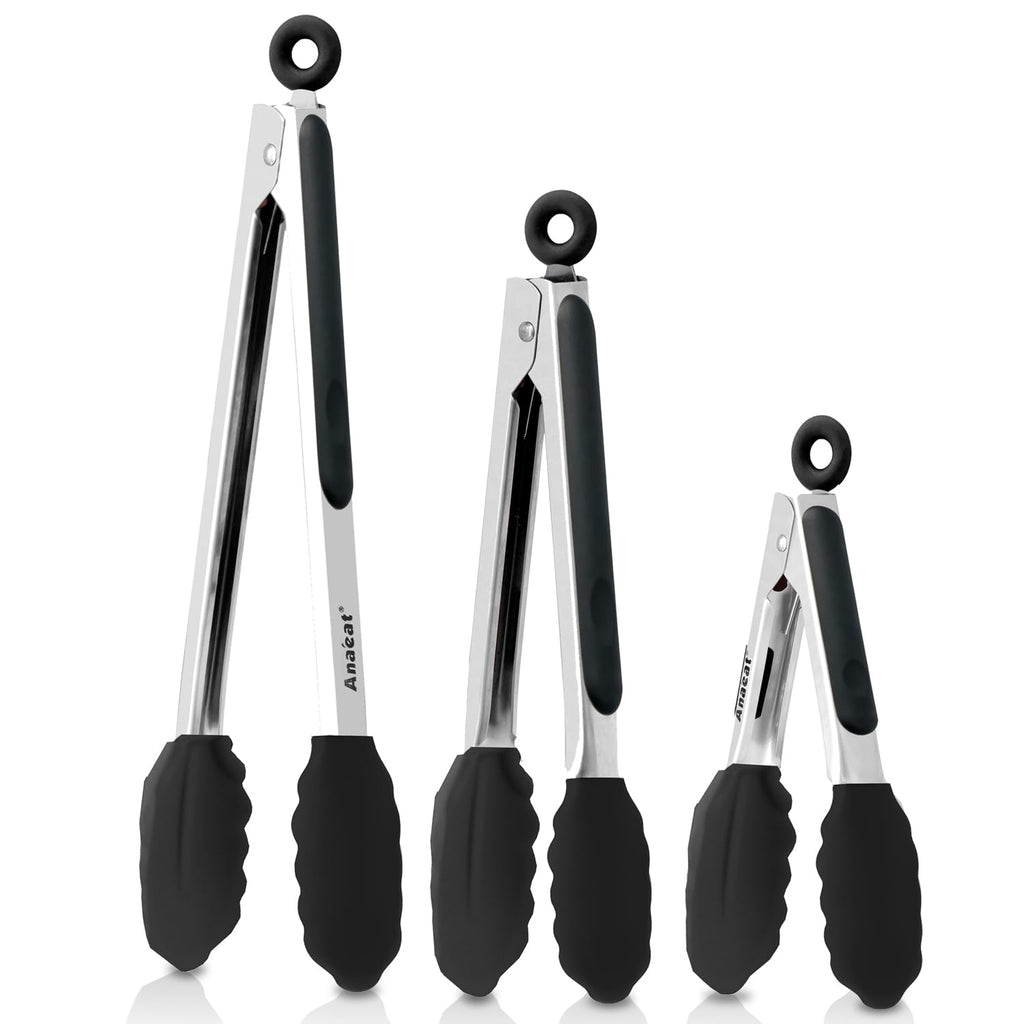 Anaeat Non-Stick Silicone Locking Tong Set of 3 - Stainless Steel 7", 9", 12" Kitchen Food Tongs with Non-Slip Silicone Tips and Grip for Baking, Cooking and BBQ - Heat Resistant up to 480°F (Black)