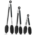 Anaeat Non-Stick Silicone Locking Tong Set of 3 - Stainless Steel 7", 9", 12" Kitchen Food Tongs with Non-Slip Silicone Tips and Grip for Baking, Cooking and BBQ - Heat Resistant up to 480°F (Black)