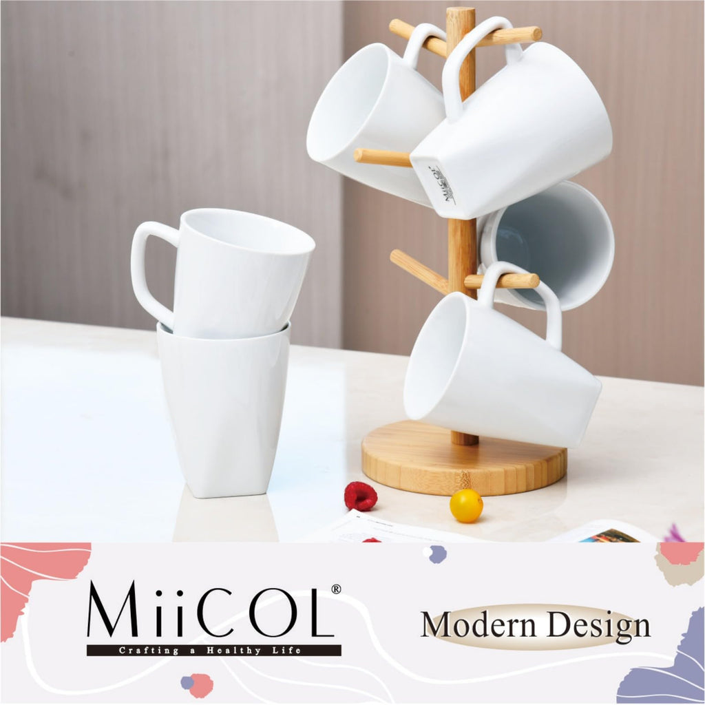 Miicol Porcelain Coffee Mugs Set of 6, Large Coffee Cups 400 ml / 14 oz, White Tea Cups, Ceramic Mugs for Latte, Cappuccino, Milk, Cocoa, Square Bottom, Microwave & Dishwasher Safe