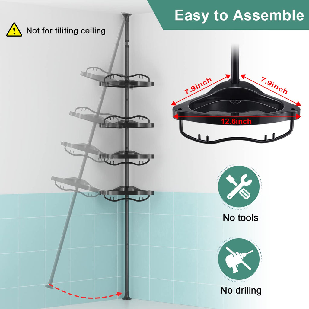 COCONUT Shower Caddy Tension Pole, Corner Shower Caddy Rust Proof 4 Tier Shower Organizer, Drill Free Telescoping Shower Shelves for Bathroom Bathtub (Black)