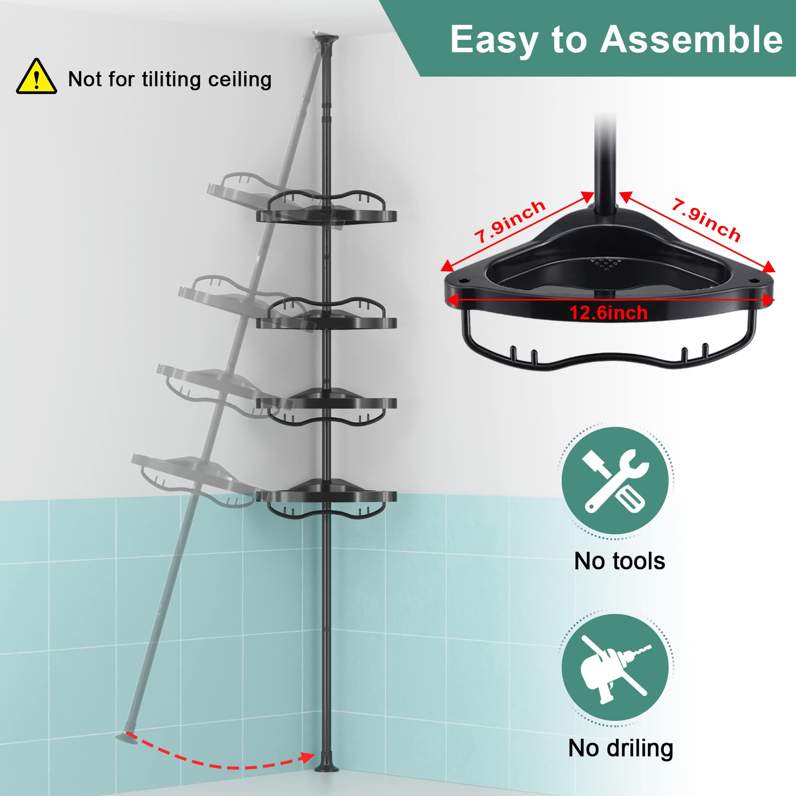 COCONUT Shower Caddy Tension Pole, Corner Shower Caddy Rust Proof 4 Tier Shower Organizer, Drill Free Telescoping Shower Shelves for Bathroom Bathtub (Black)
