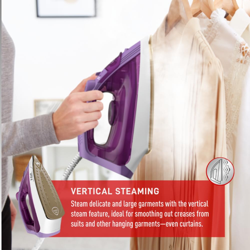 T-fal Steam Essential Plus Ceramic Soleplate Steam Iron for Clothes Eco-Friendly with Steam Trigger 1200 Watts Ironing, Programmable Steaming, Purple