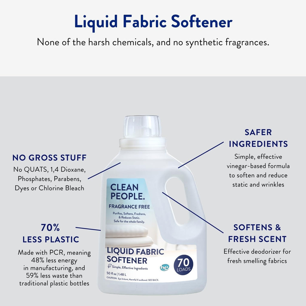 The Clean People Liquid Fabric Softener - Softens & Removes Static Cling - Vegan Scented Laundry Softener - Fragrance Free, 50 fl oz - 74 Loads