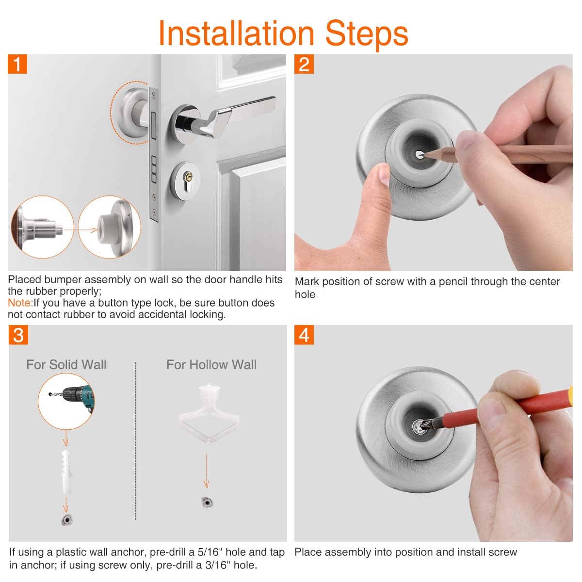 KOVOSCH 5 Pack Concave Wall Door Bumper Stop Brushed Satin Nickel – 2-1/2” Outside Diameter Stainless Steel Cover with 1-1/8” Gray Rubber Bumper – Easy to Install with Screw