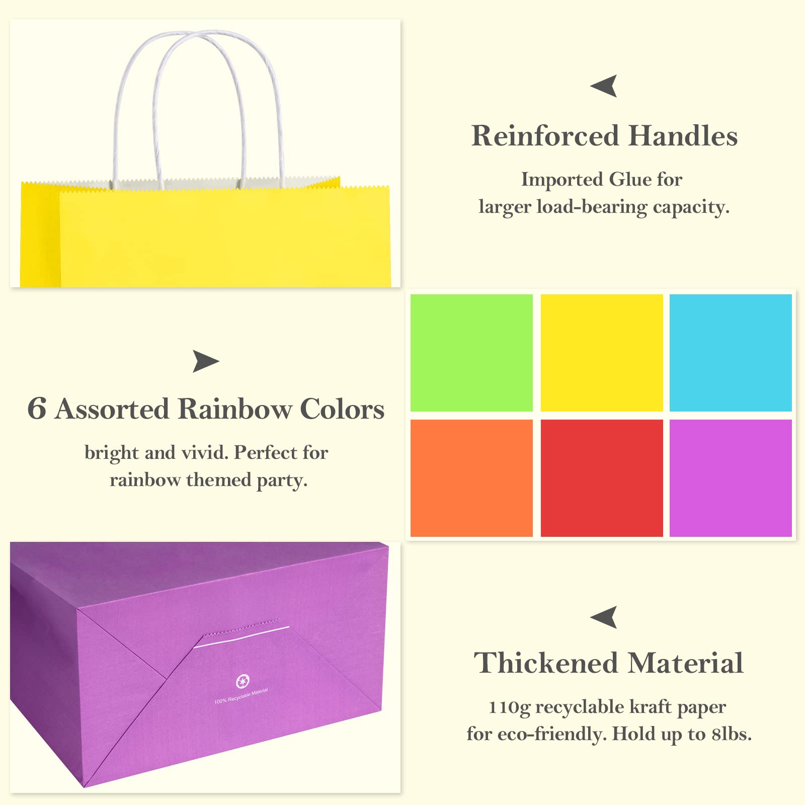 BagDream Medium Party Favor Paper Gift Bags with Handles 24PCS 8x4.25x10.5 6 Assorted Rainbow Colors Party Bags Kraft Paper Bags for Wedding Brithday Parties