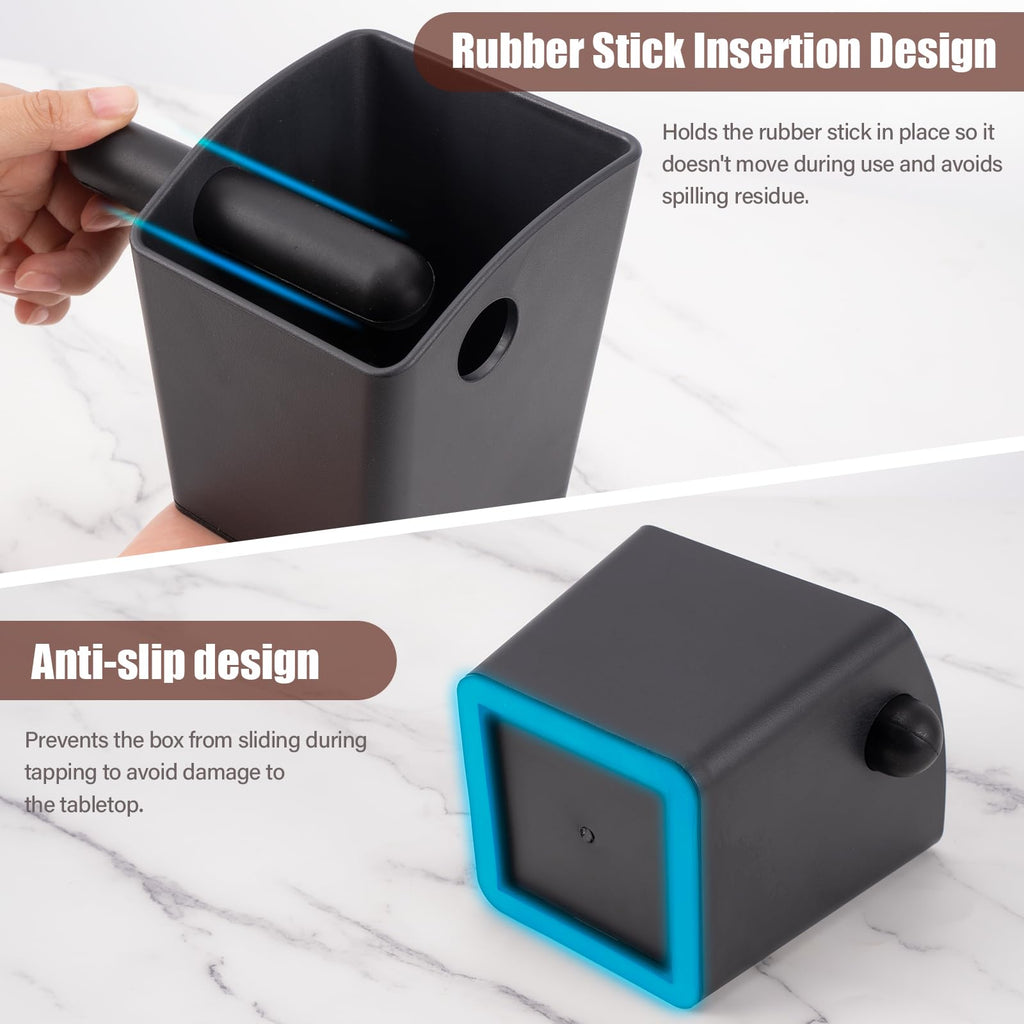 HOMEE Rectangular Espresso Knock Box,Large Capacity & Non-Slip Base Coffee Knock Box,Coffee Grounds Container with Removable Knock Bar,Espresso Accessories for Coffee Bar Kitchen Counter,Black