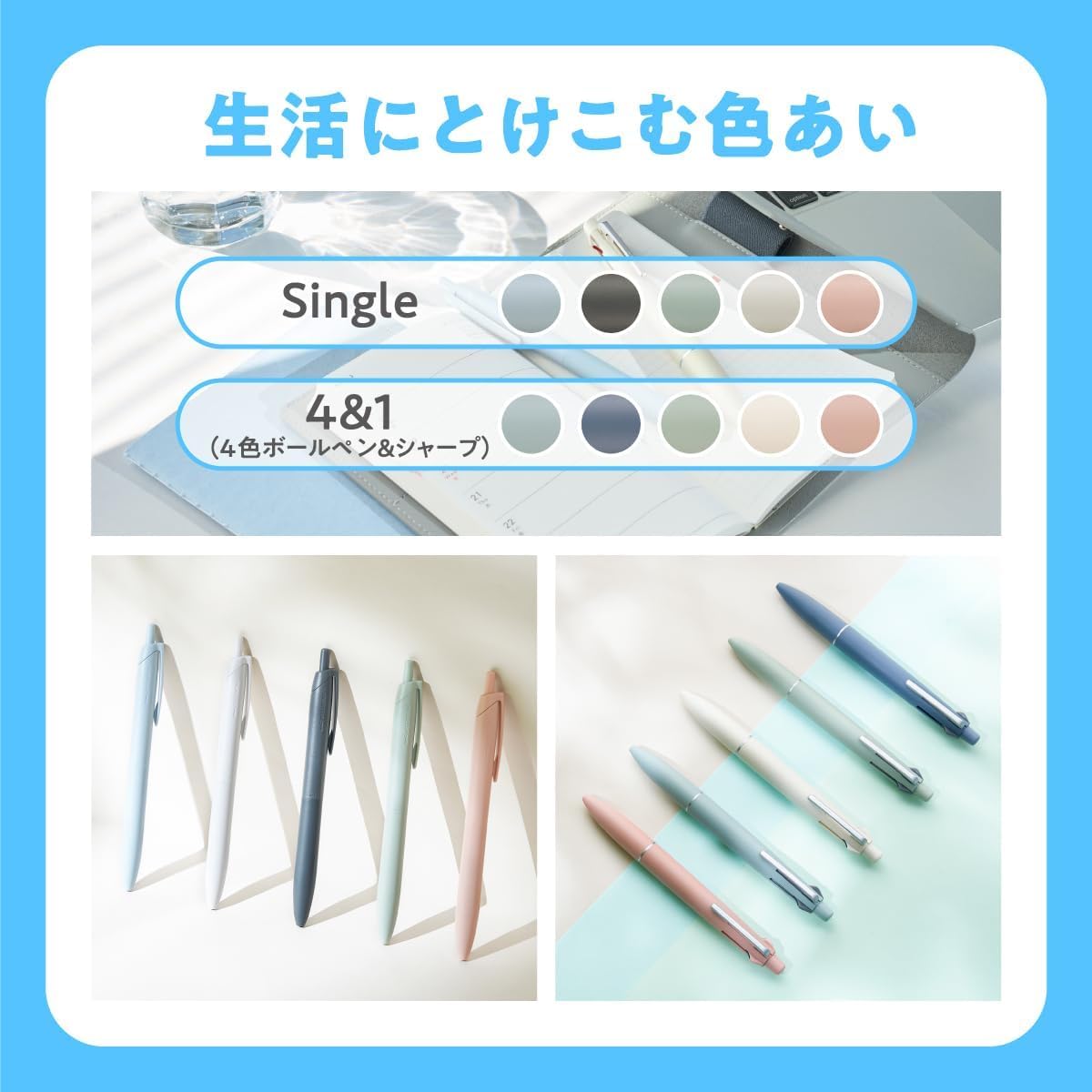 Uni Jetstream Multi-Function Ballpoint Pen 4&1, Equipped with 0.5mm Lite Touch Ink (Black, Red, Blue, Green), 0.5mm Mechanical Pencil, Steel Blue, MSXE5LS05.71