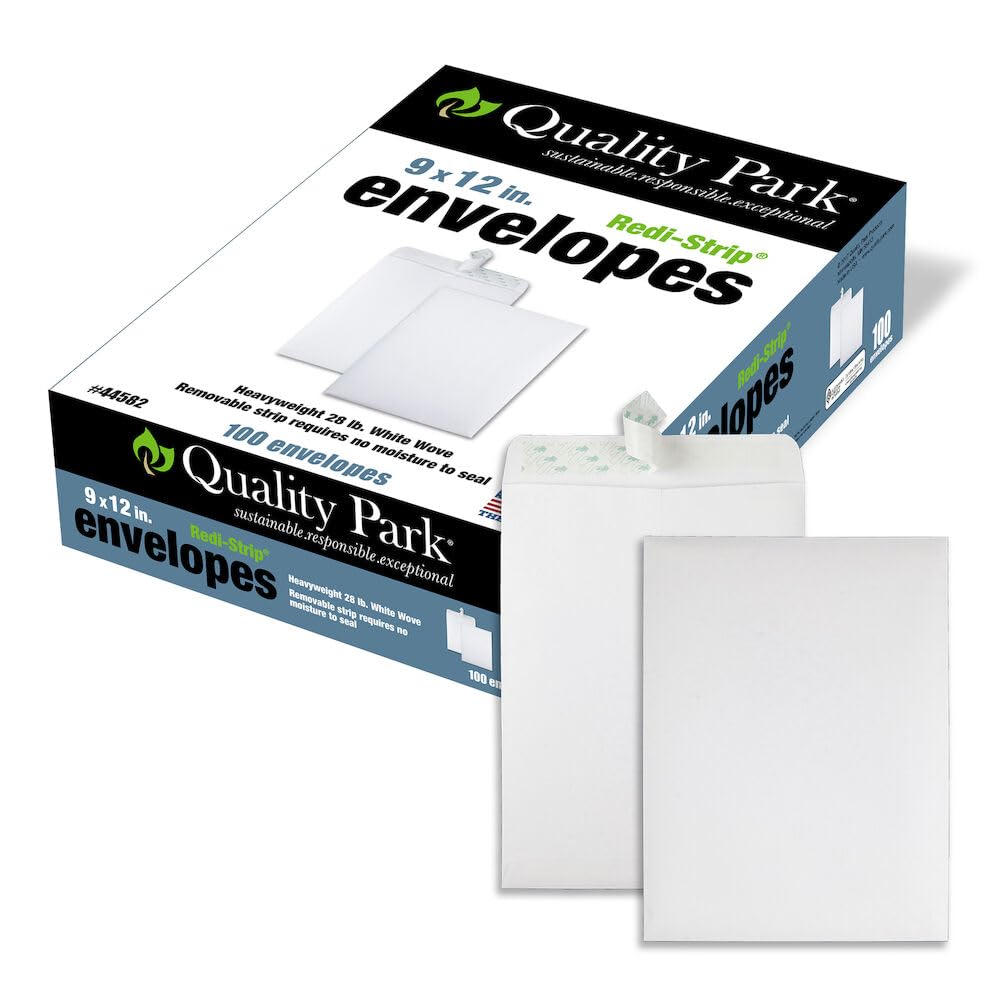 Quality Park Envelopes, Catalog 9" x 12" White, Self-Seal Closure, 28 lb. White Wove, Ideal for Mailing, Organizing, and Storage, Box of 100 (44582)