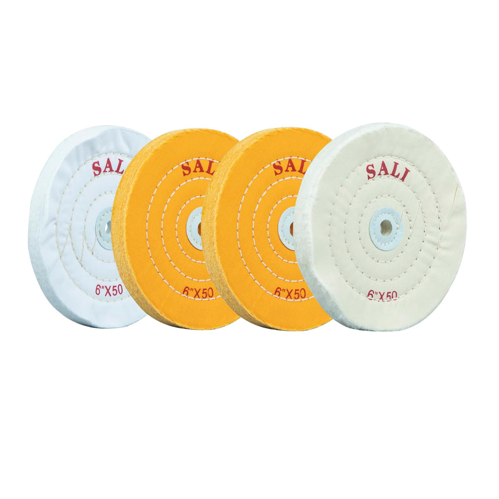 SALI 4 Pack Polishing Wheel for Bench Grinder 6" Buffing Wheel 2 *Yellow Cotton,1*White-Medium Cotton,1* White-Fine Cotton (50 Ply) for Buffer Polisher Pad 1/2'' Arbor Hole with Polishing Compound Kit