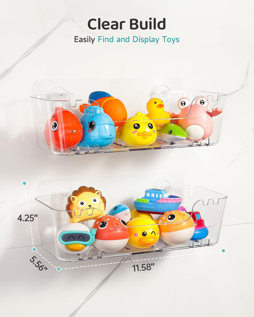 Bath Toy Storage Organizer 2 Pack, Transparent Bath Toy Holder with Drain Holes, Durable Plastic Bathtub Toy Storage for Bathroom, Quick-Dry Shower Caddy Drainable