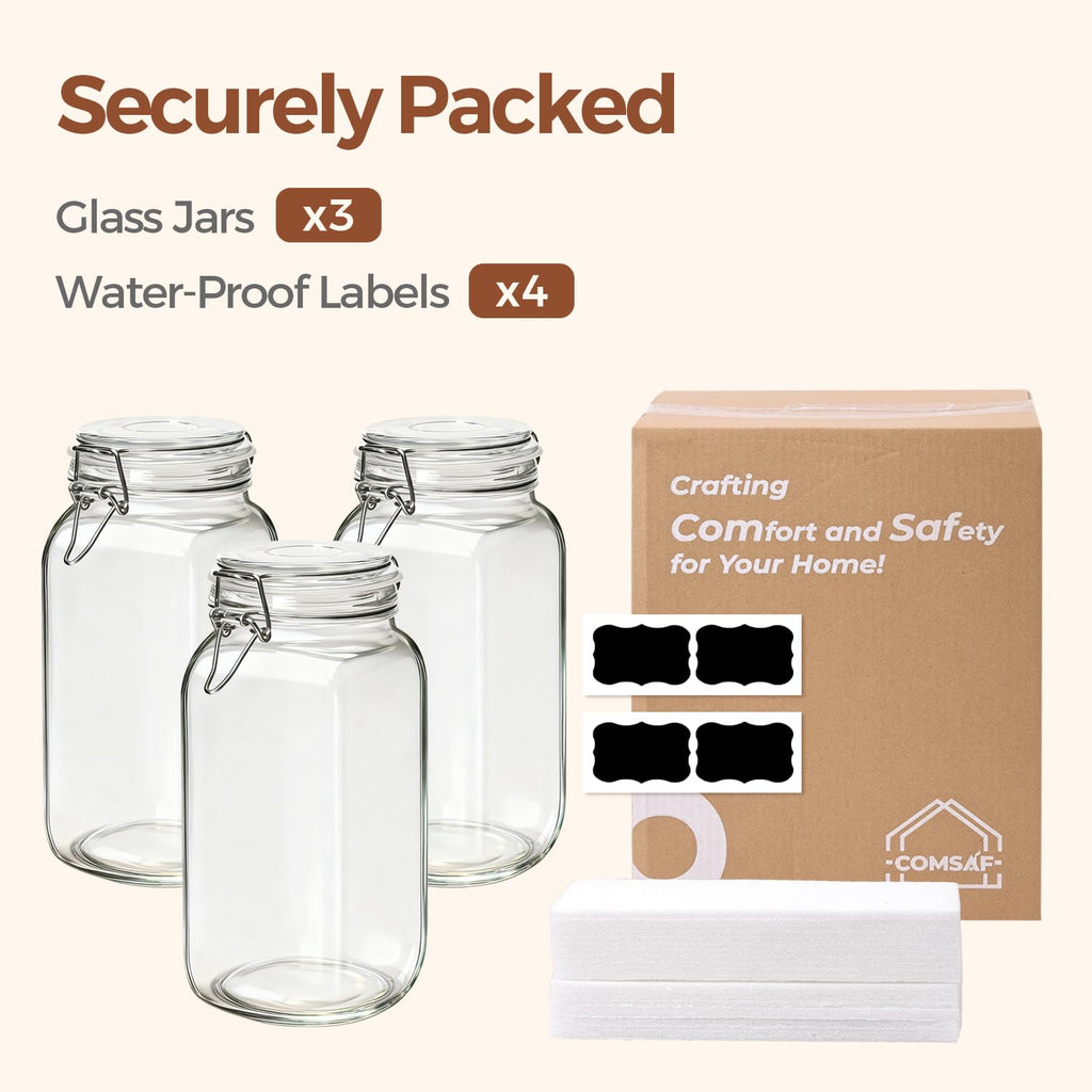ComSaf Glass Food Storage Jar with Airtight Lid 2.3L/78OZ Set of 3, Storage Canister Container Square with Clear Preserving Seal Clip Fastening for Kitchen and Pantry Organization Cereal, Coffee