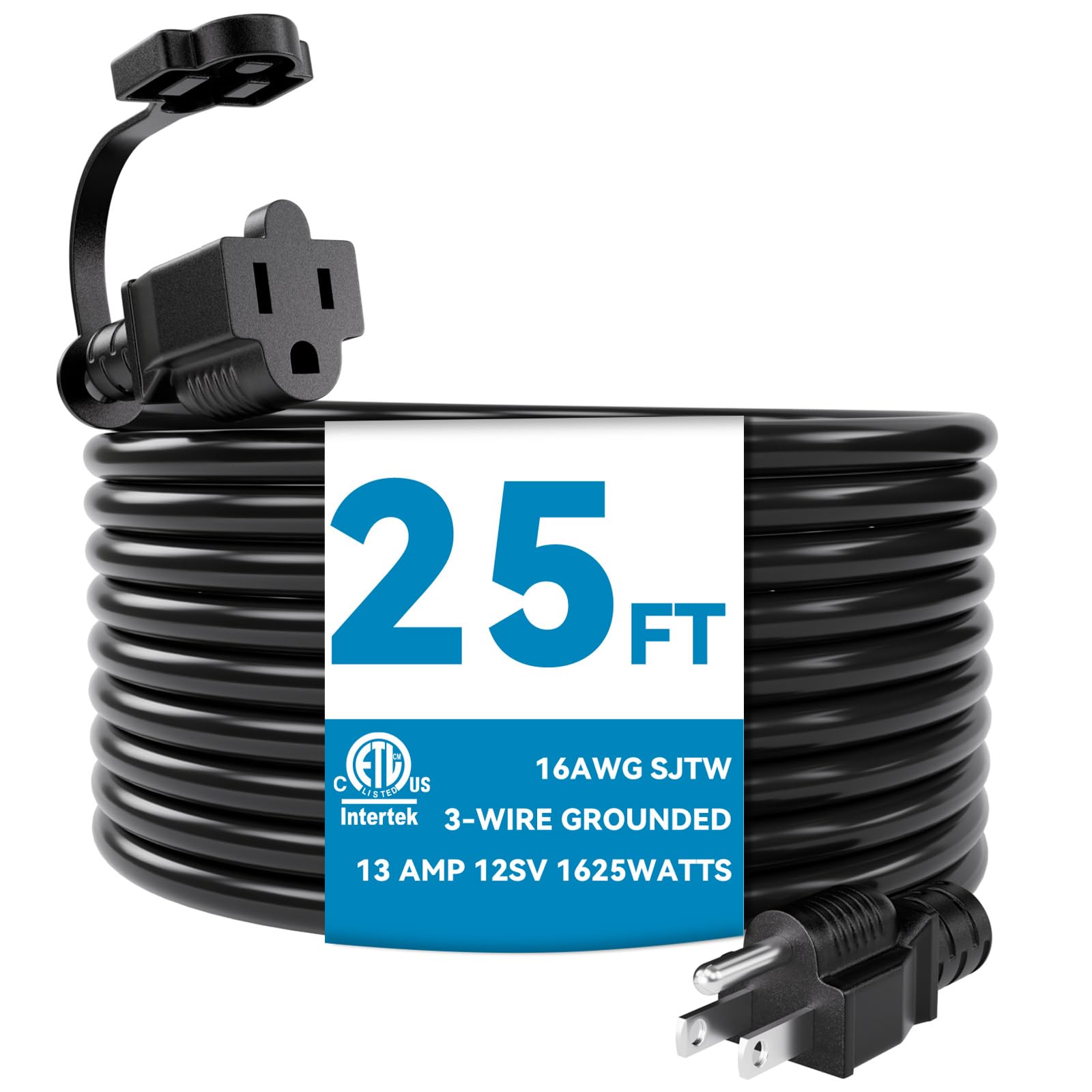 Kasonic 25 Feet Outdoor Extension Cord, ETL Listed, SJTW 16AWG/13A 3 Prong Power Cord, Plug Extension for Home or Office Use, Black